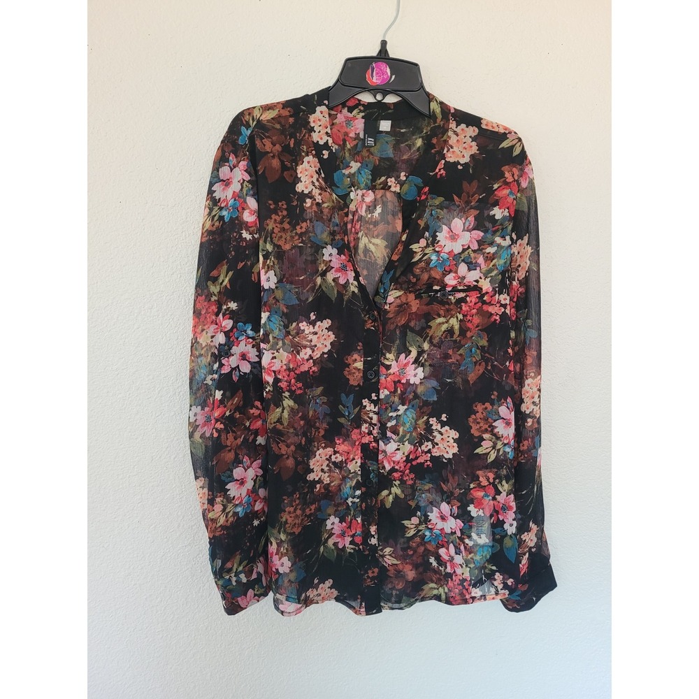 KUT from the Kloth Womens M Floral Sheer Button Down Blouse Black Shirt #25